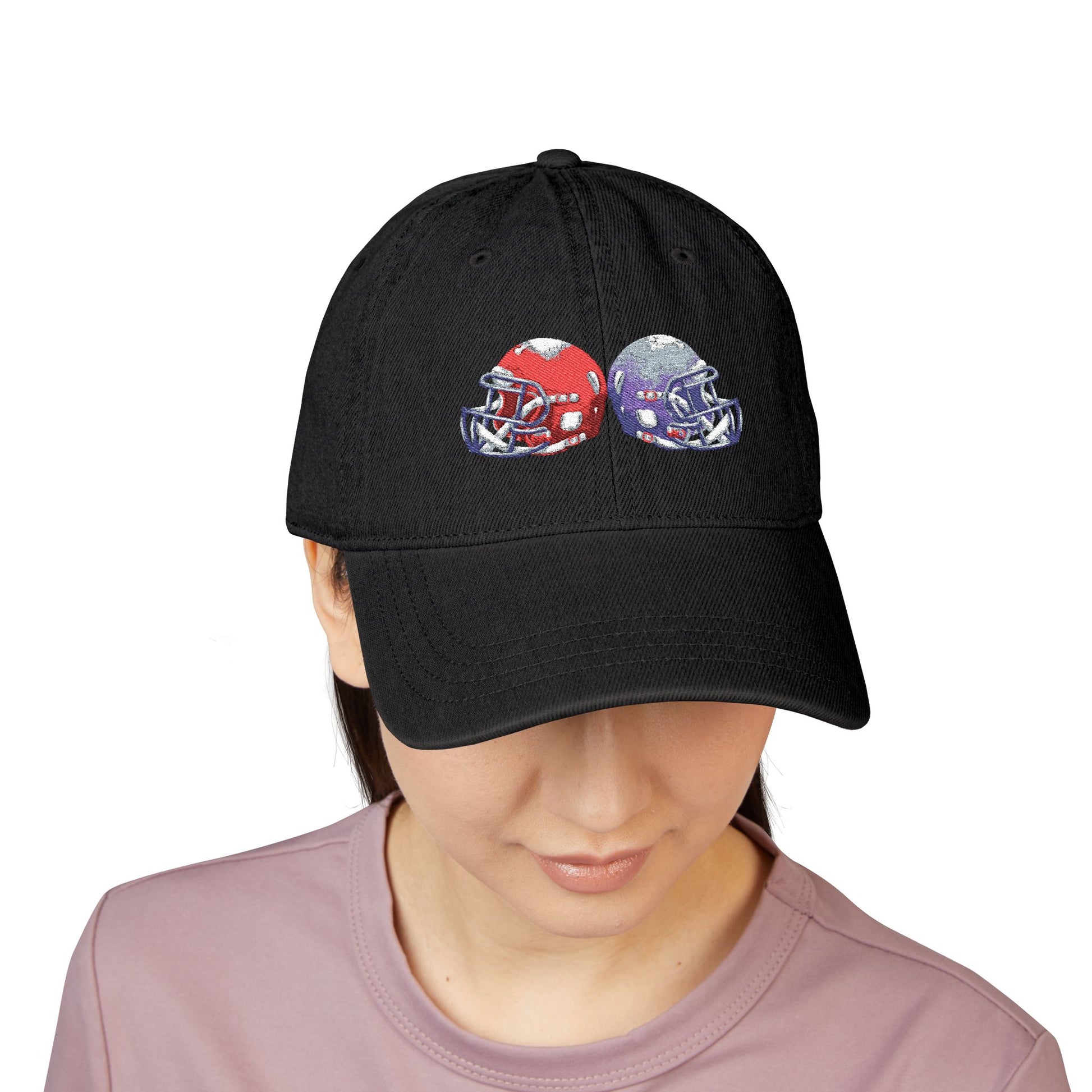 Red and blue embroidered football helmets denim hat with team cap design, casual baseball style hat by Printify