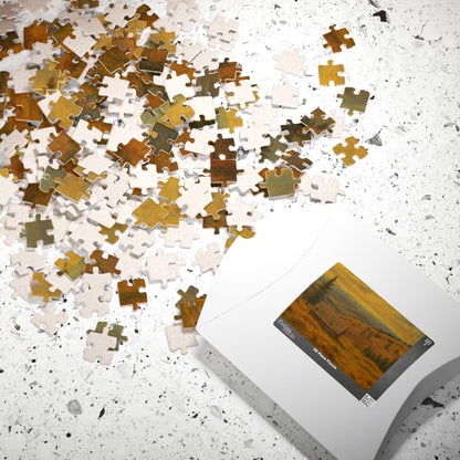 Autumn mountain cabin landscape puzzle by Printify, 520-piece jigsaw featuring a scenic outdoor mountain view.