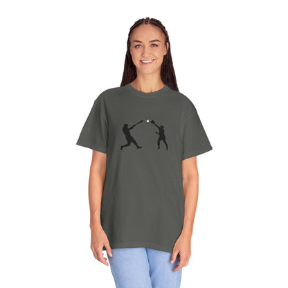 Black baseball silhouette graphic T-shirt for men, featuring minimal baseball player design, by Printify.