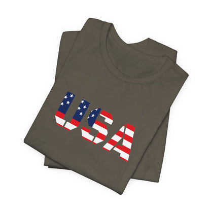 USA Flag Text Tee — Patriotic Fourth of July T-Shirt