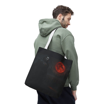 Gothic Dracula tote bag with moonlit vampire art, ideal for Halloween, by Printify, showcasing a spooky vampire design on the bag.