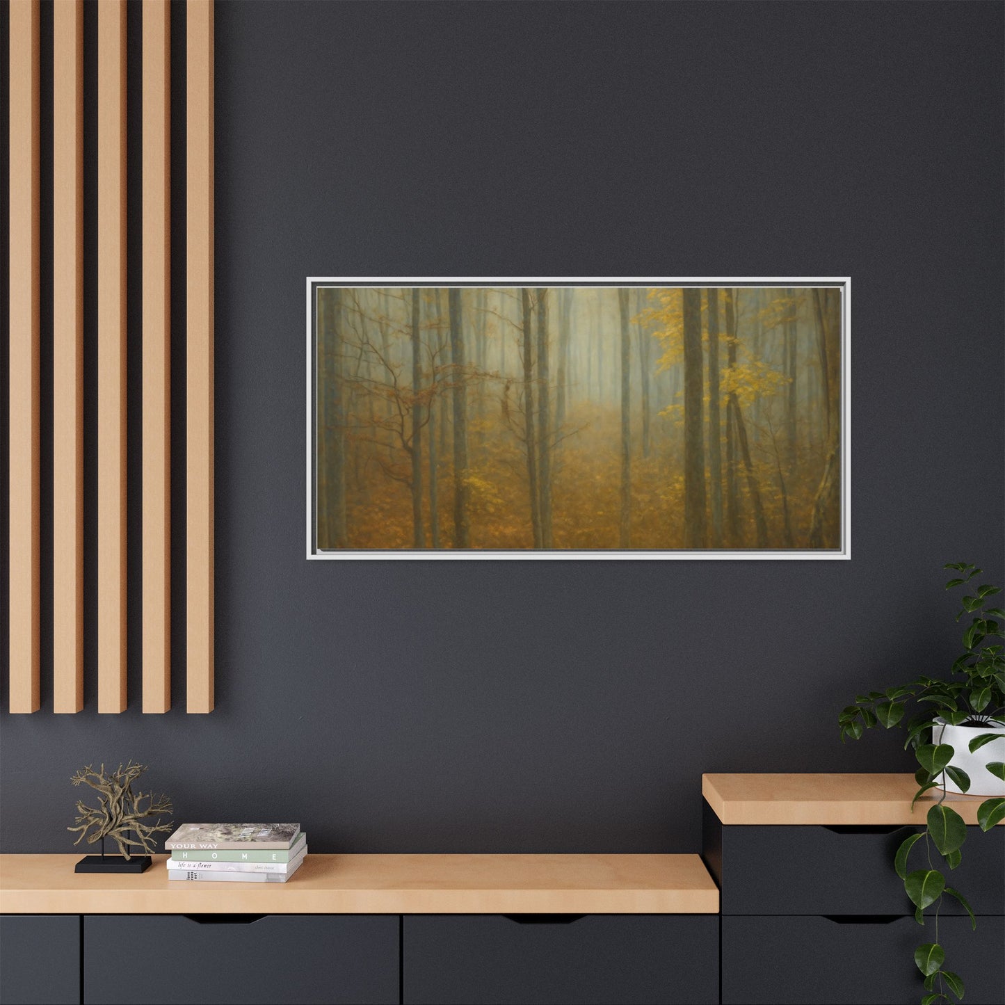 Framed matte canvas wall art of misty autumn forest with trees in warm colors, suitable for home decor.