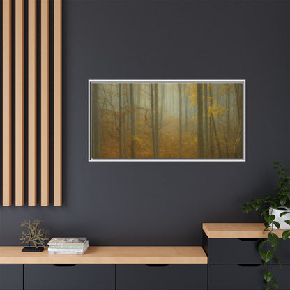 Framed matte canvas wall art of misty autumn forest with trees in warm colors, suitable for home decor.