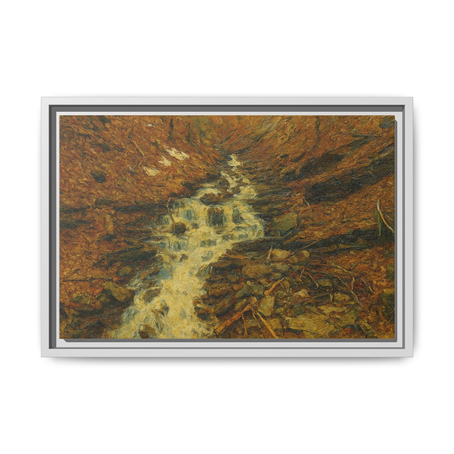 Framed matte canvas print of autumn stream landscape artwork by Printify, featuring colorful fall trees and calm water scene.