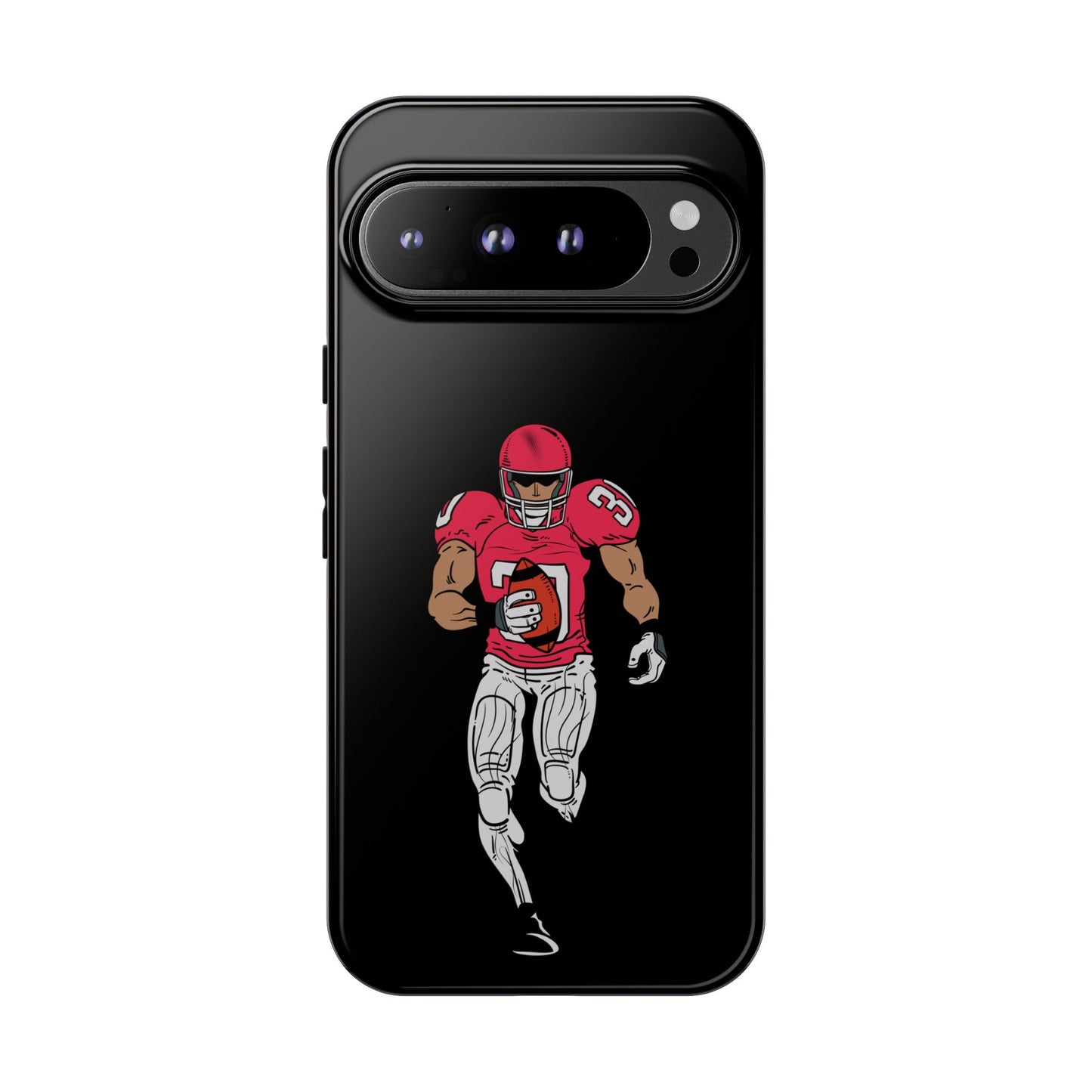 Black football player tough phone case for iPhone, protective sports-themed design by Printify, featuring a dynamic athlete silhouette.
