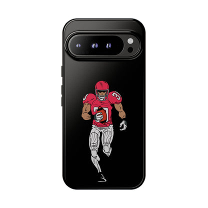 Black football player tough phone case for iPhone, protective sports-themed design by Printify, featuring a dynamic athlete silhouette.