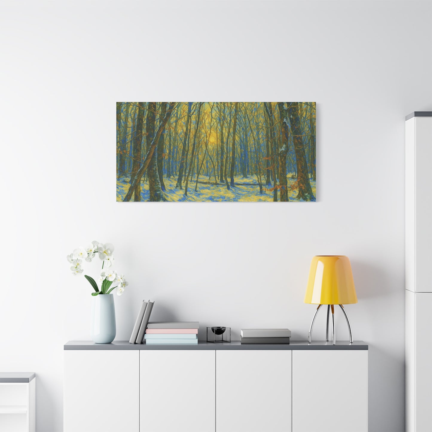 Winter woodland canvas print by Printify featuring sunlight filtering through trees on a matte stretched forest scene.