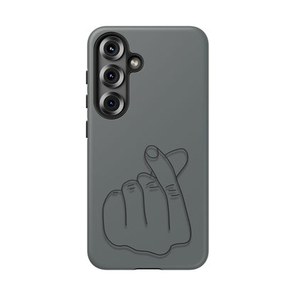 Silicone phone case with embossed Korean finger heart design, compatible with smartphones, by Printify.