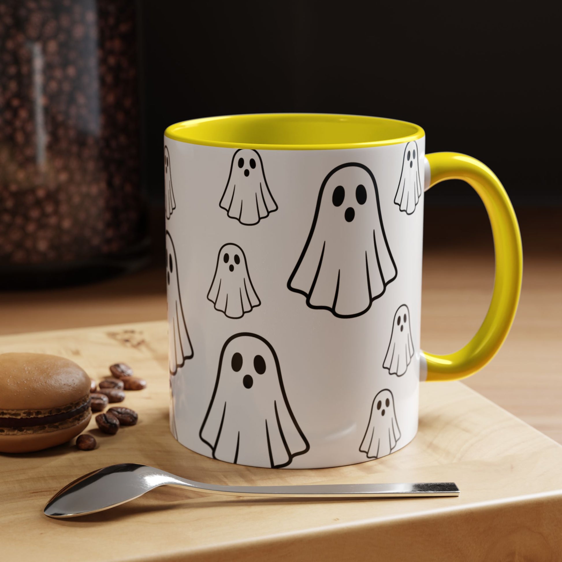 Printify ghost pattern ceramic coffee mug with Halloween-themed cute ghost design, available in 11oz or 15oz sizes.