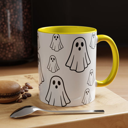 Printify ghost pattern ceramic coffee mug with Halloween-themed cute ghost design, available in 11oz or 15oz sizes.