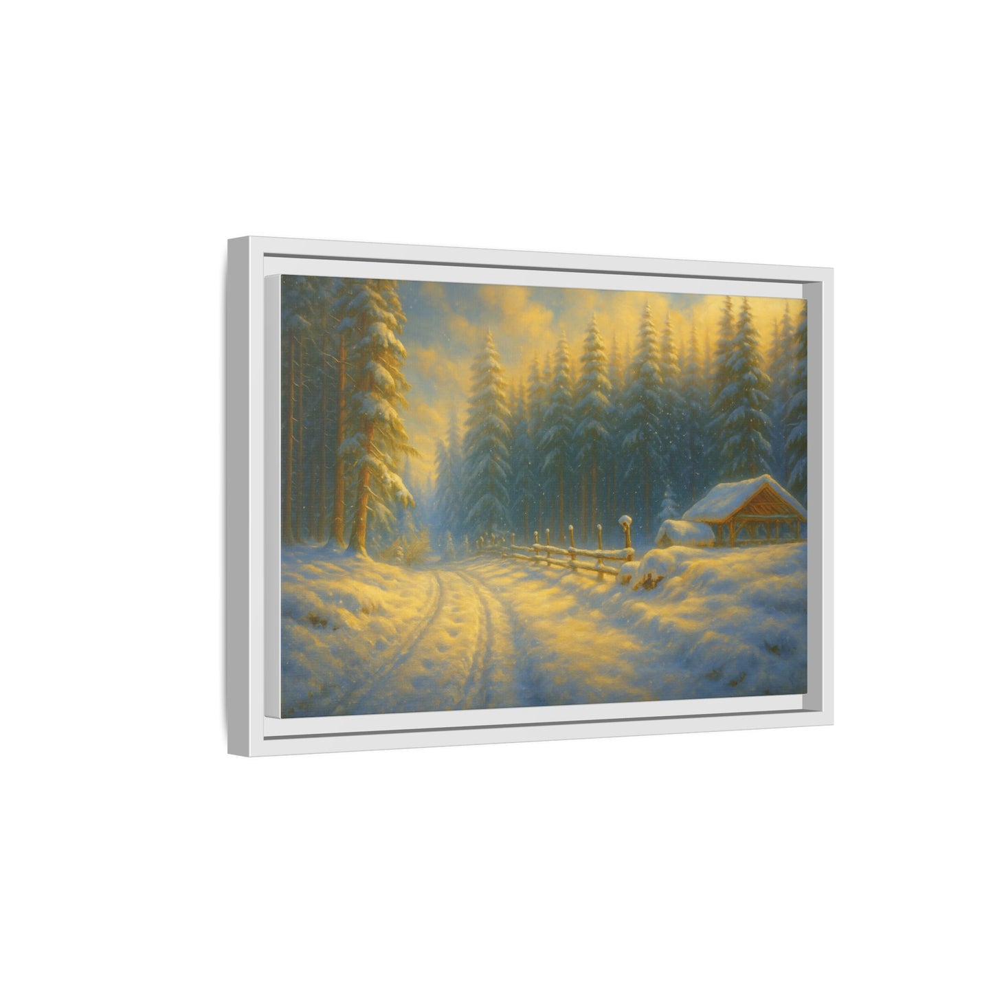 Framed winter cabin canvas print featuring a snowy forest sunset, wall art by Printify with vibrant woodland scene.