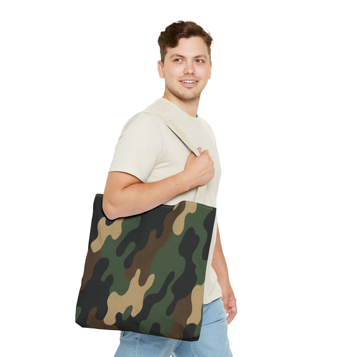 Camo pattern tote bag by Printify, all-over print canvas carryall with rugged camouflage design and spacious interior.