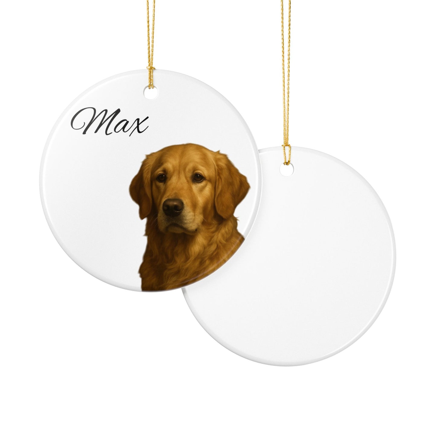 Personalized golden retriever ceramic ornament with custom name, pet memorial decoration, crafted by Printify.