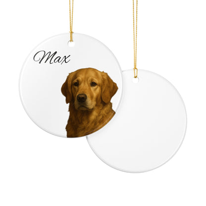 Personalized golden retriever ceramic ornament with custom name, pet memorial decoration, crafted by Printify.