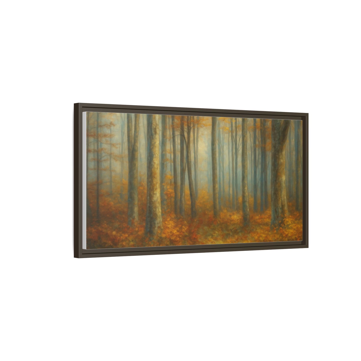 Framed autumn forest canvas print featuring a misty woodland scene, wall art by Printify for nature-inspired home decor.