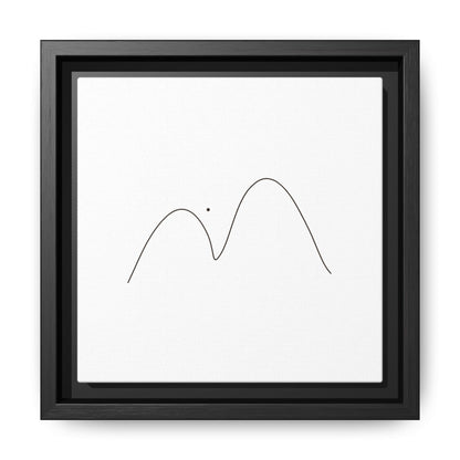 Framed minimalist mountain line art canvas print by Printify, featuring simple black mountain outline on matte background.