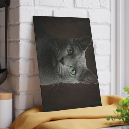 Russian Blue Cat Glass Cutting Board — Decorative Kitchen Cutting Board with Green-Eyed Cat Portrait
