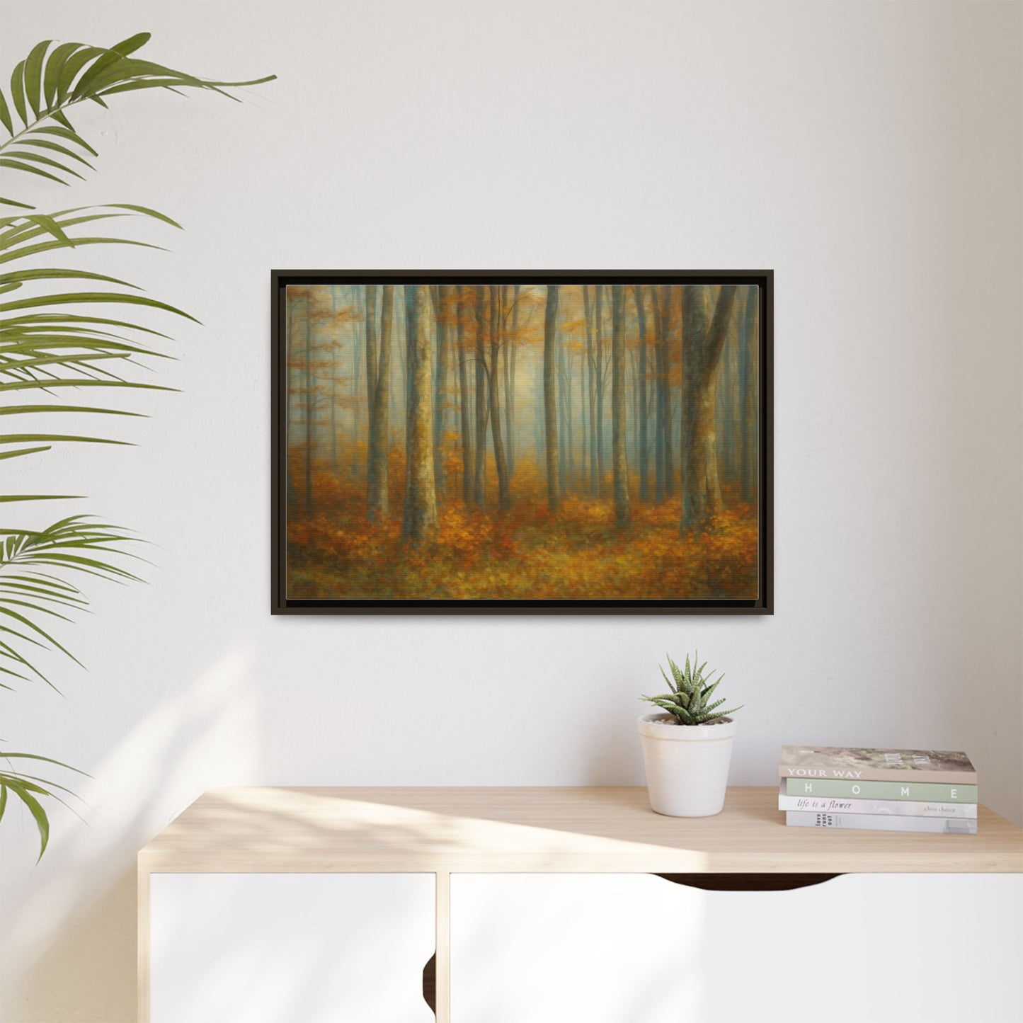 Framed autumn forest canvas print featuring a misty woodland scene, wall art from Printify showcasing nature's serene beauty.