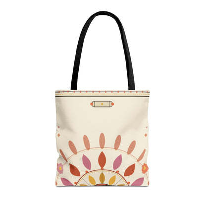 Boho floral mandala tote bag with pastel sunburst pattern by Printify, showcasing a vibrant, decorative bag design.