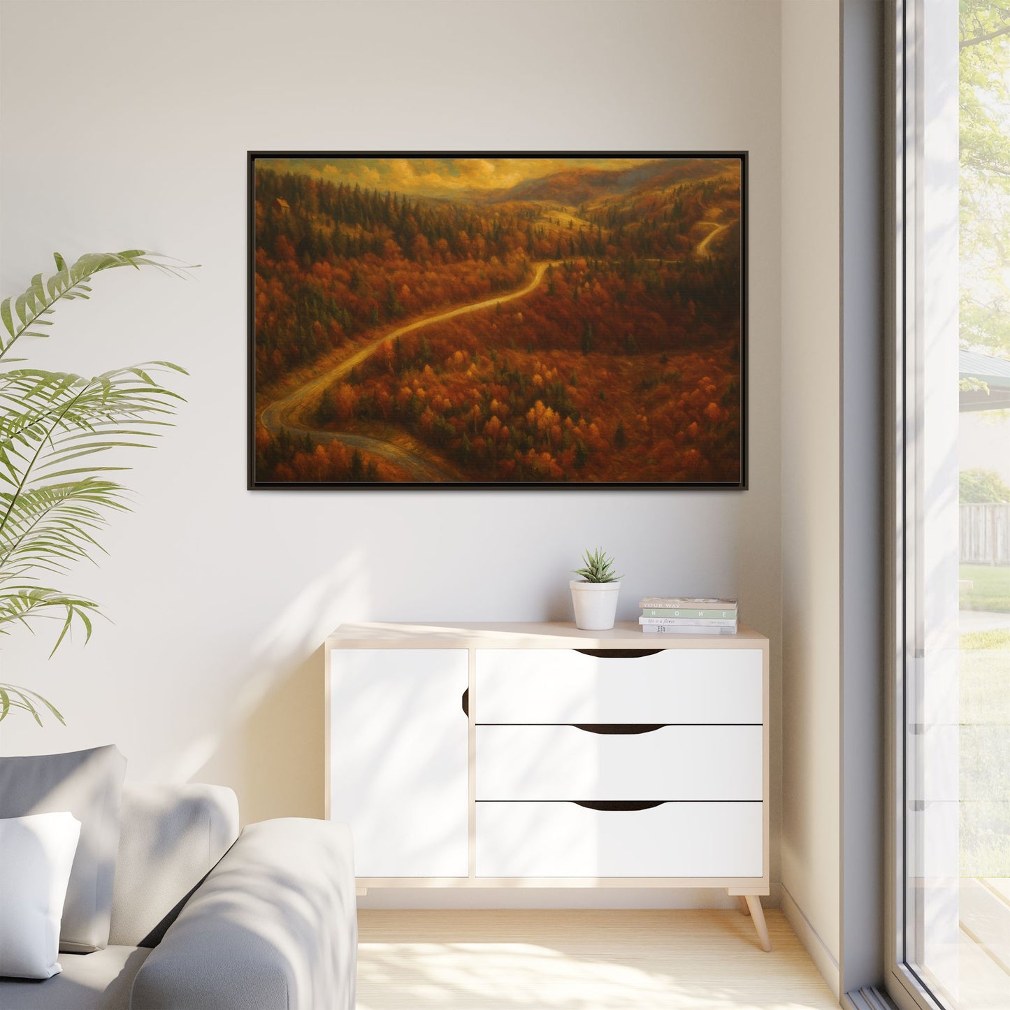 Framed matte canvas print of autumn forest road landscape wall art by Printify, featuring vibrant fall trees and a scenic pathway.