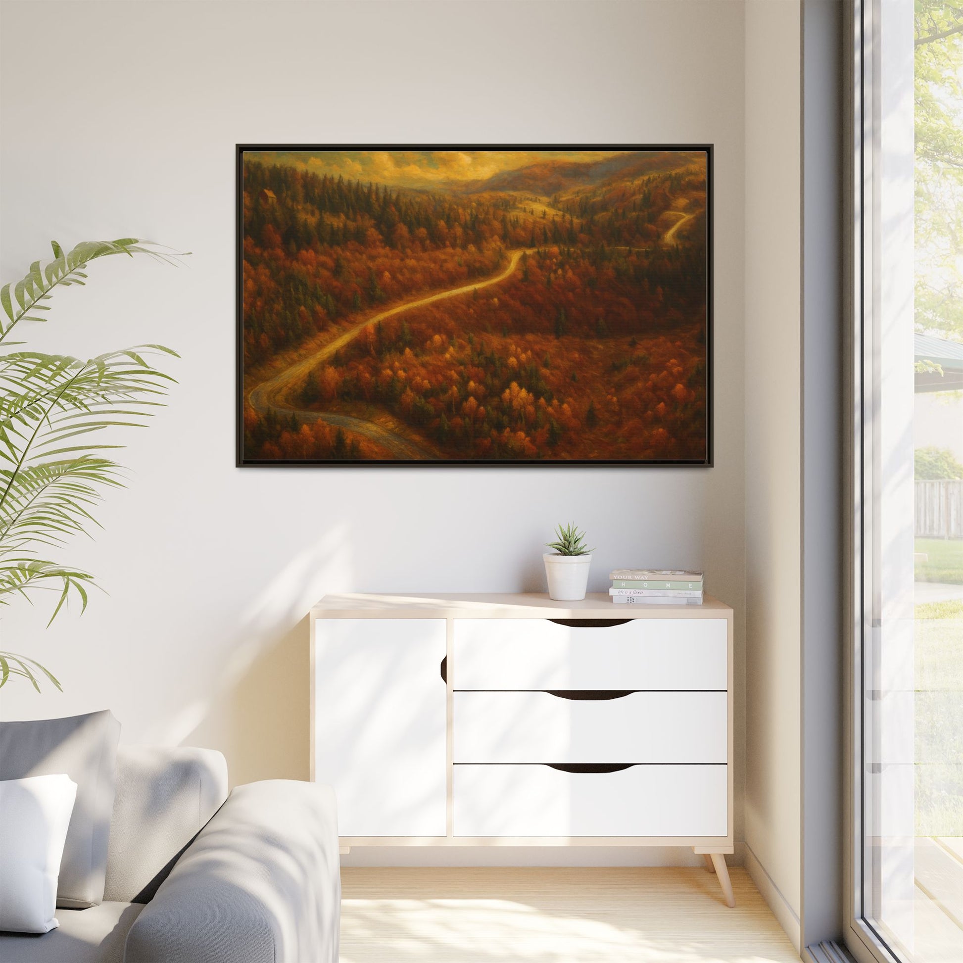 Framed matte canvas print of autumn forest road landscape wall art by Printify, featuring vibrant fall trees and a scenic pathway.