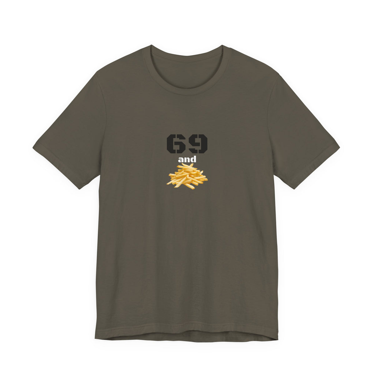 Unisex graphic T-shirt featuring a humorous 69 and French fries design in black on soft cotton fabric.