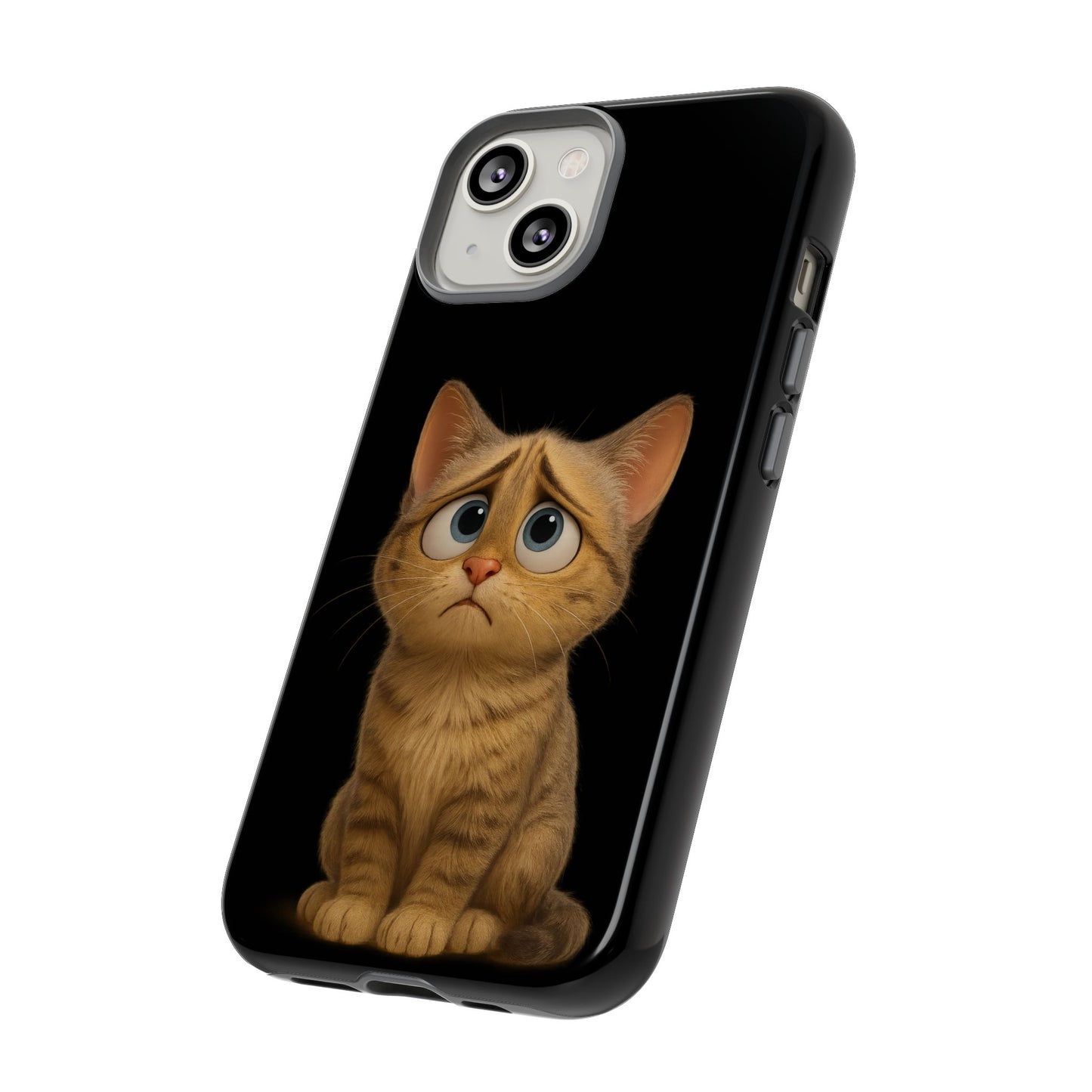 Cute sad kitty print phone case for iPhone, protective cat-themed case by Printify with a sad kitten illustration.