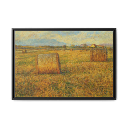 Framed matte canvas wall art featuring a rustic hayfield landscape print by Printify, ideal for farmhouse or nature-inspired decor.
