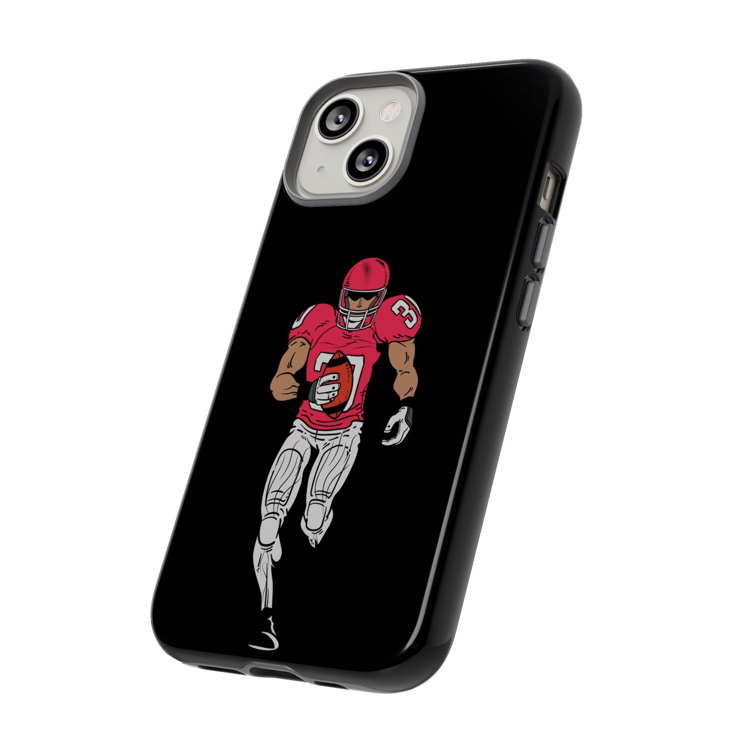Black protective football player sports phone case for iPhone, featuring a tough design by Printify.