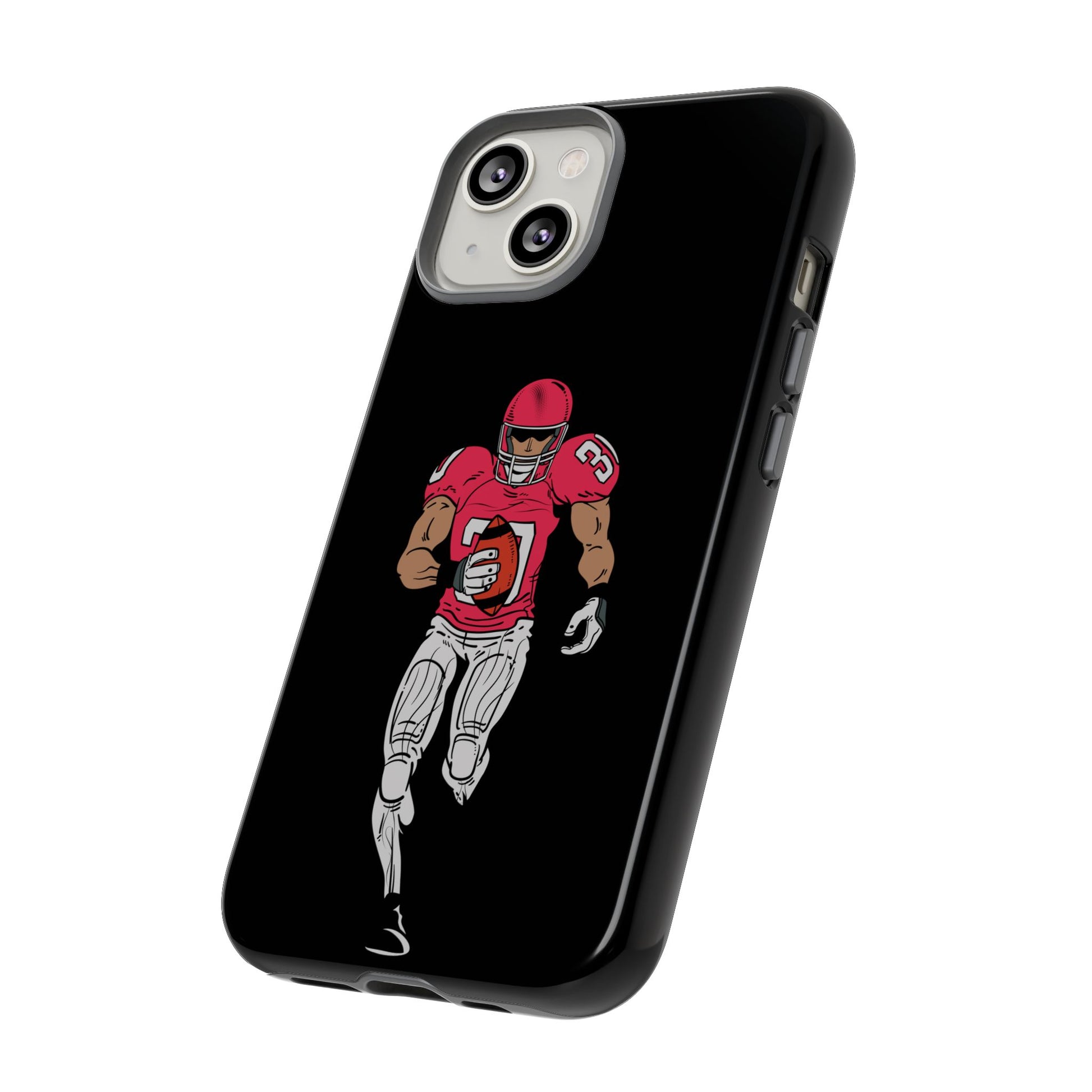 Black protective football player sports phone case for iPhone, featuring a tough design by Printify.