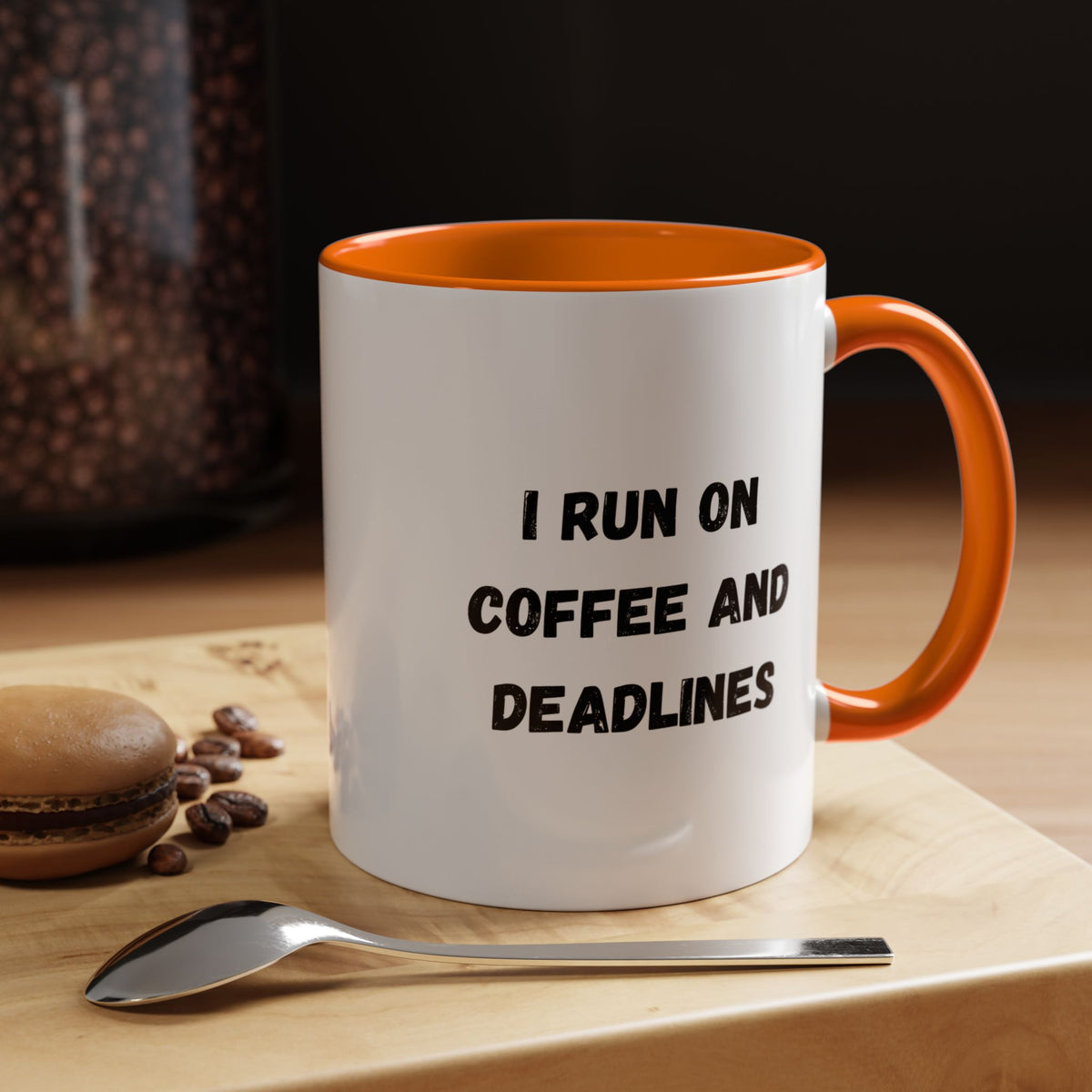 White ceramic mug with "I Run on Coffee and Deadlines" slogan, featuring black text and a simple, modern design.