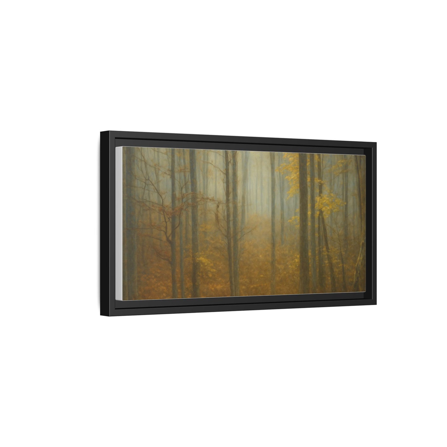 Framed matte canvas wall art featuring a misty autumn forest scene, printed by Printify.