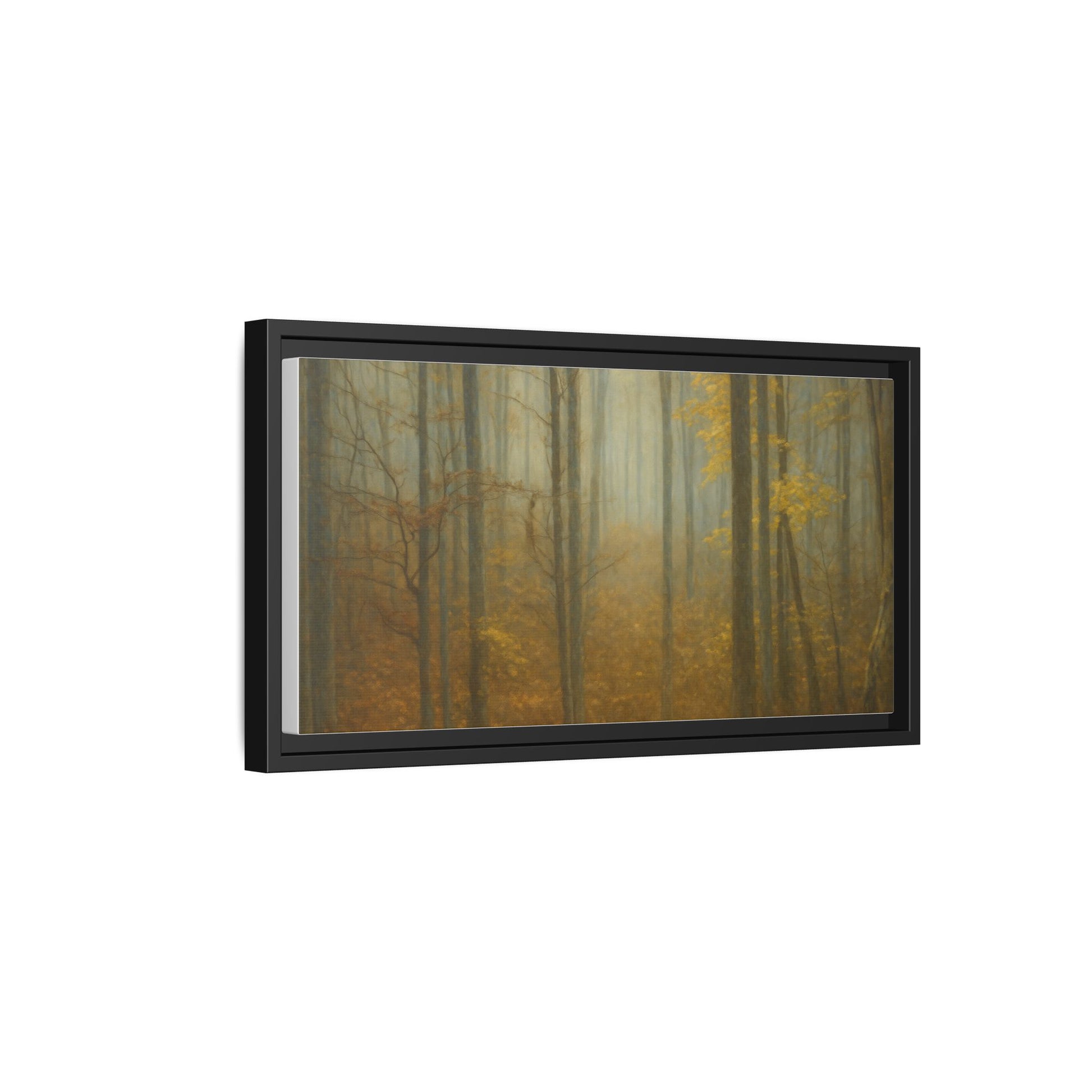 Framed matte canvas wall art featuring a misty autumn forest scene, printed by Printify.