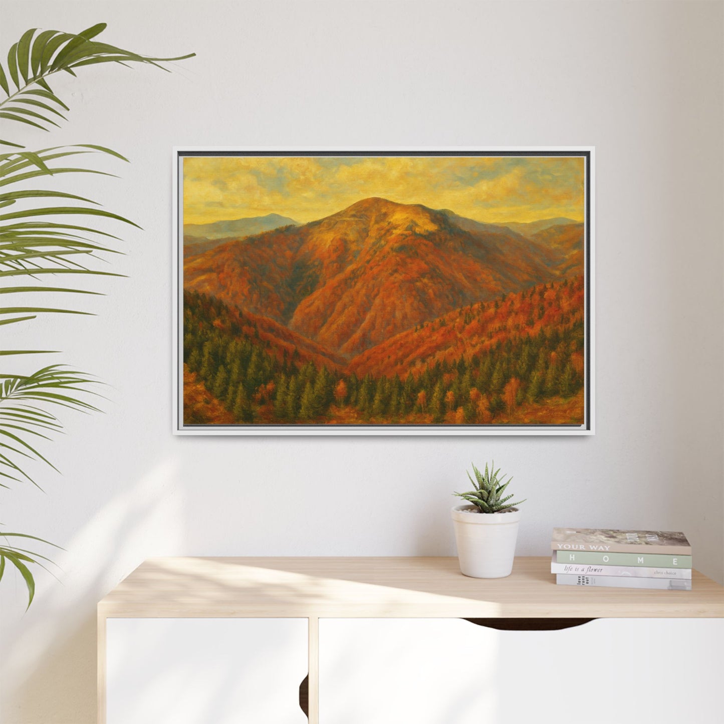 Autumn mountain matte canvas framed wall art by Printify featuring a scenic mountain landscape in warm autumn tones.