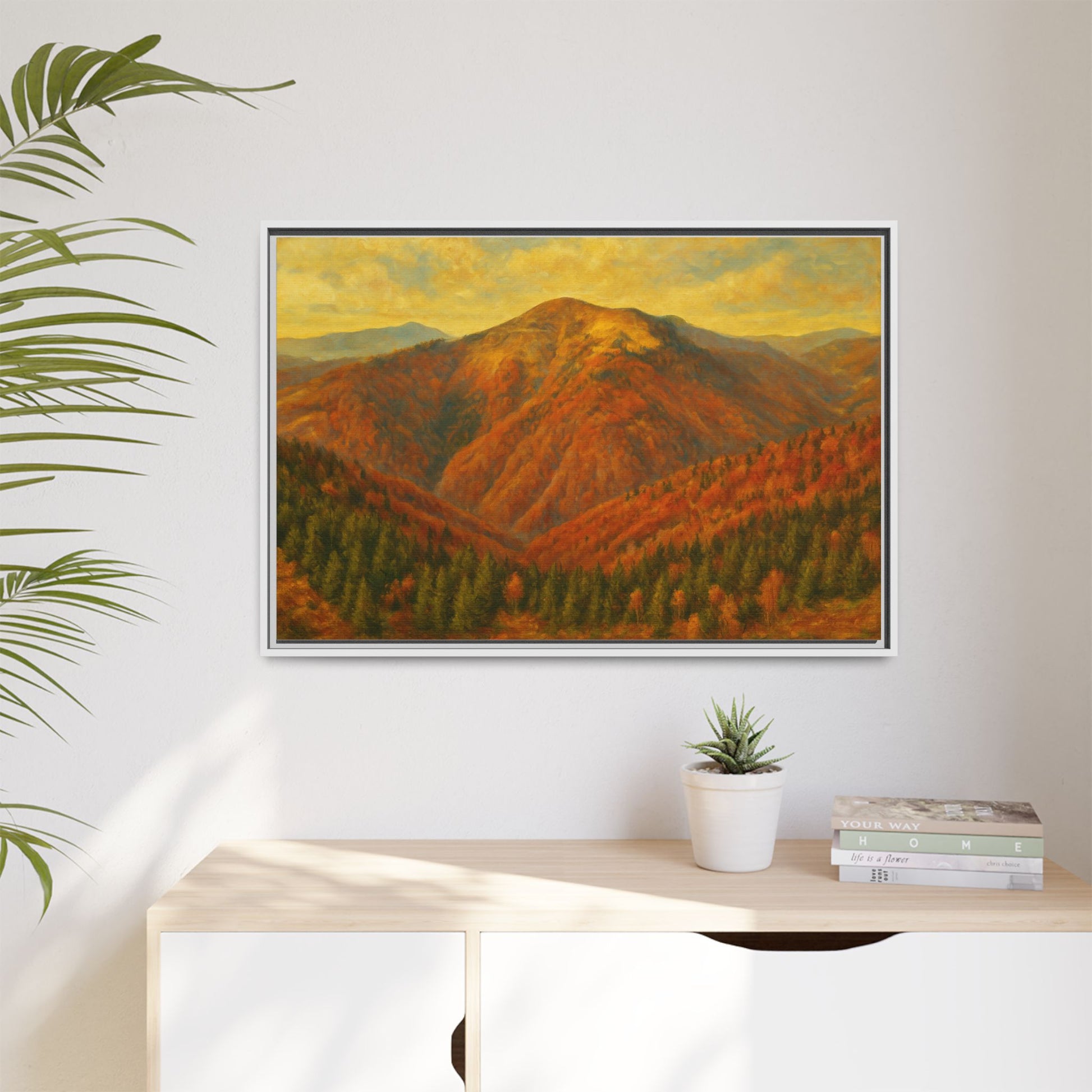 Autumn mountain matte canvas framed wall art by Printify featuring a scenic mountain landscape in warm autumn tones.