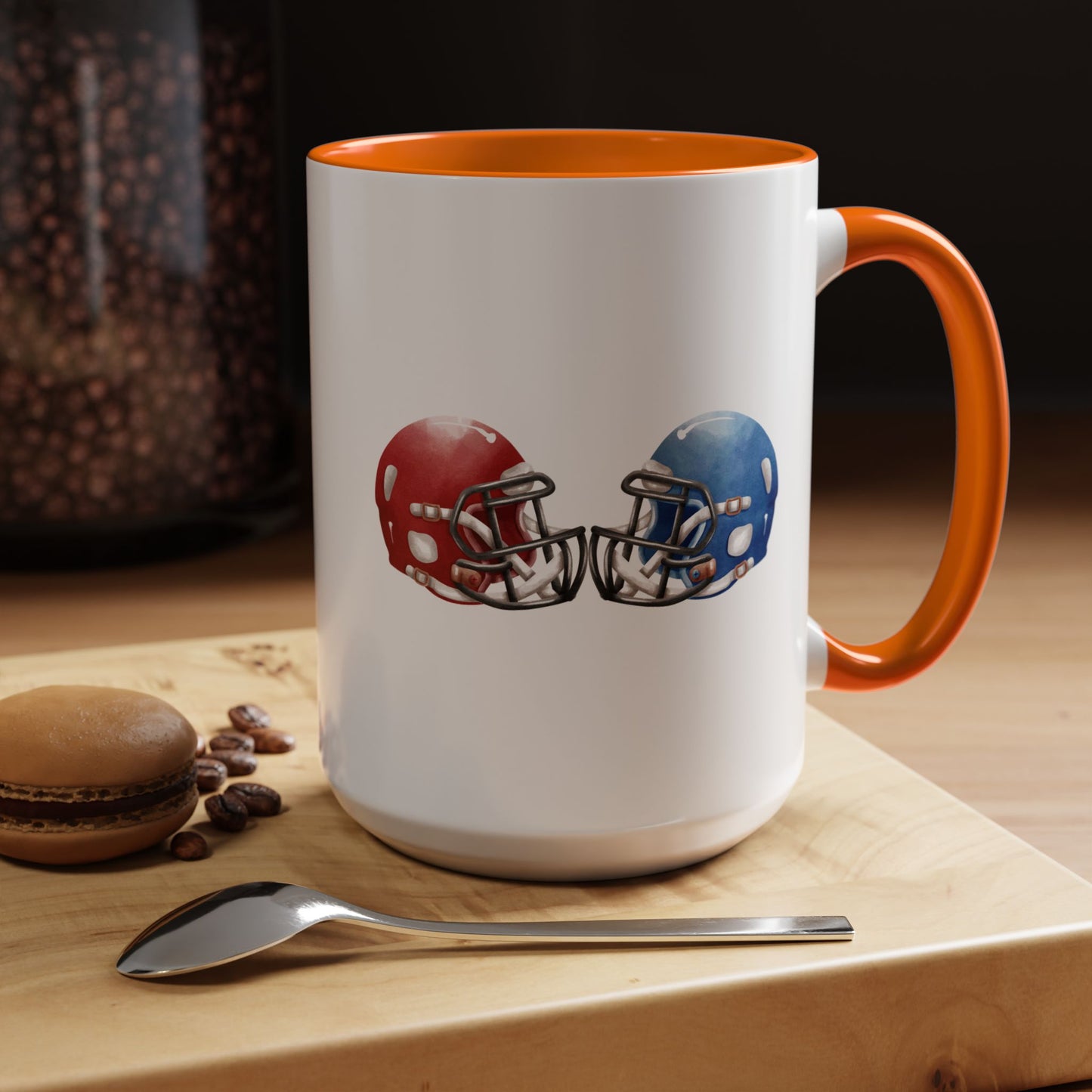 Football Helmet Coffee Mug — Red vs Blue Rivalry Accent Mug (11/15oz)