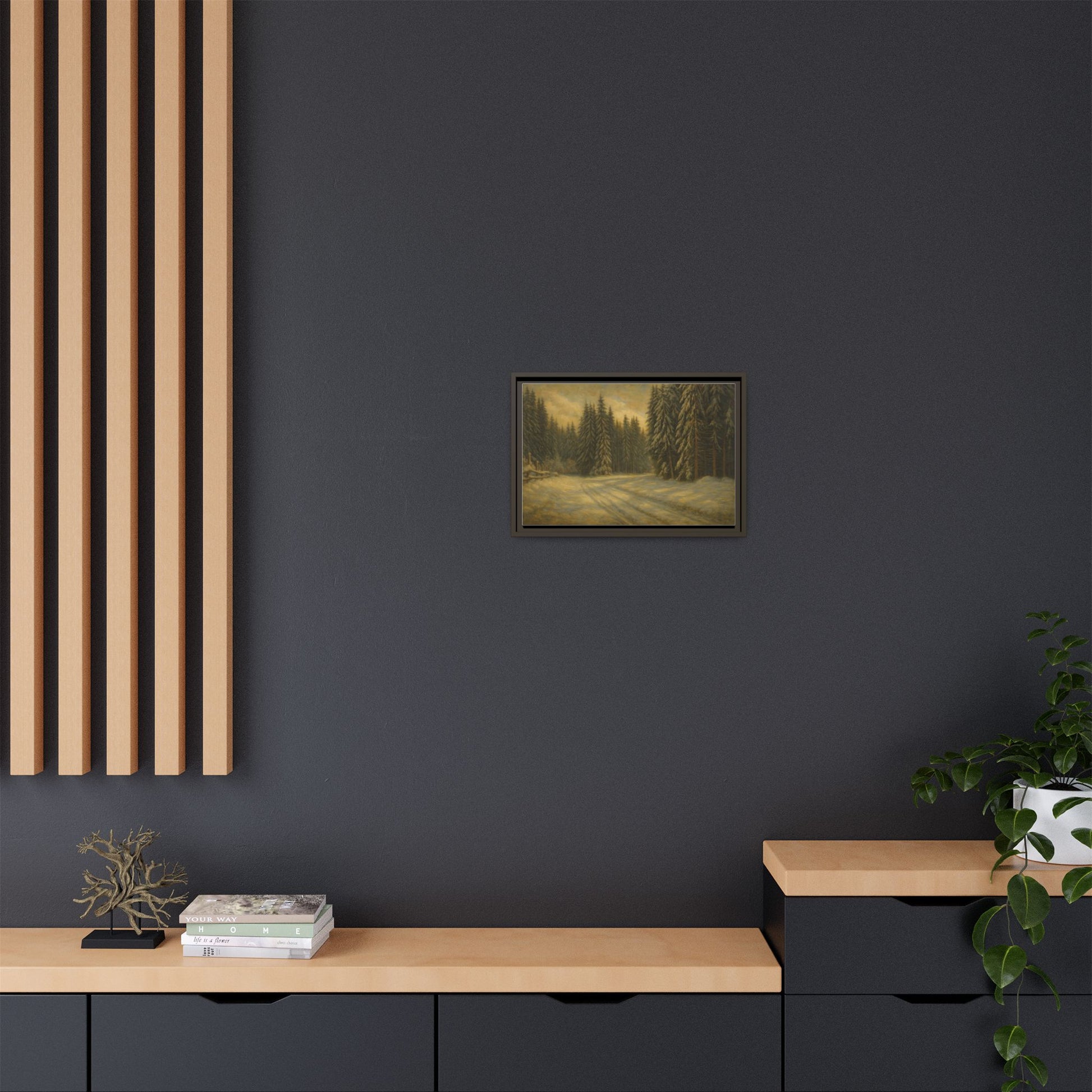 Framed matte canvas wall art of a winter forest landscape, featuring snow-covered trees and serene natural scenery.
