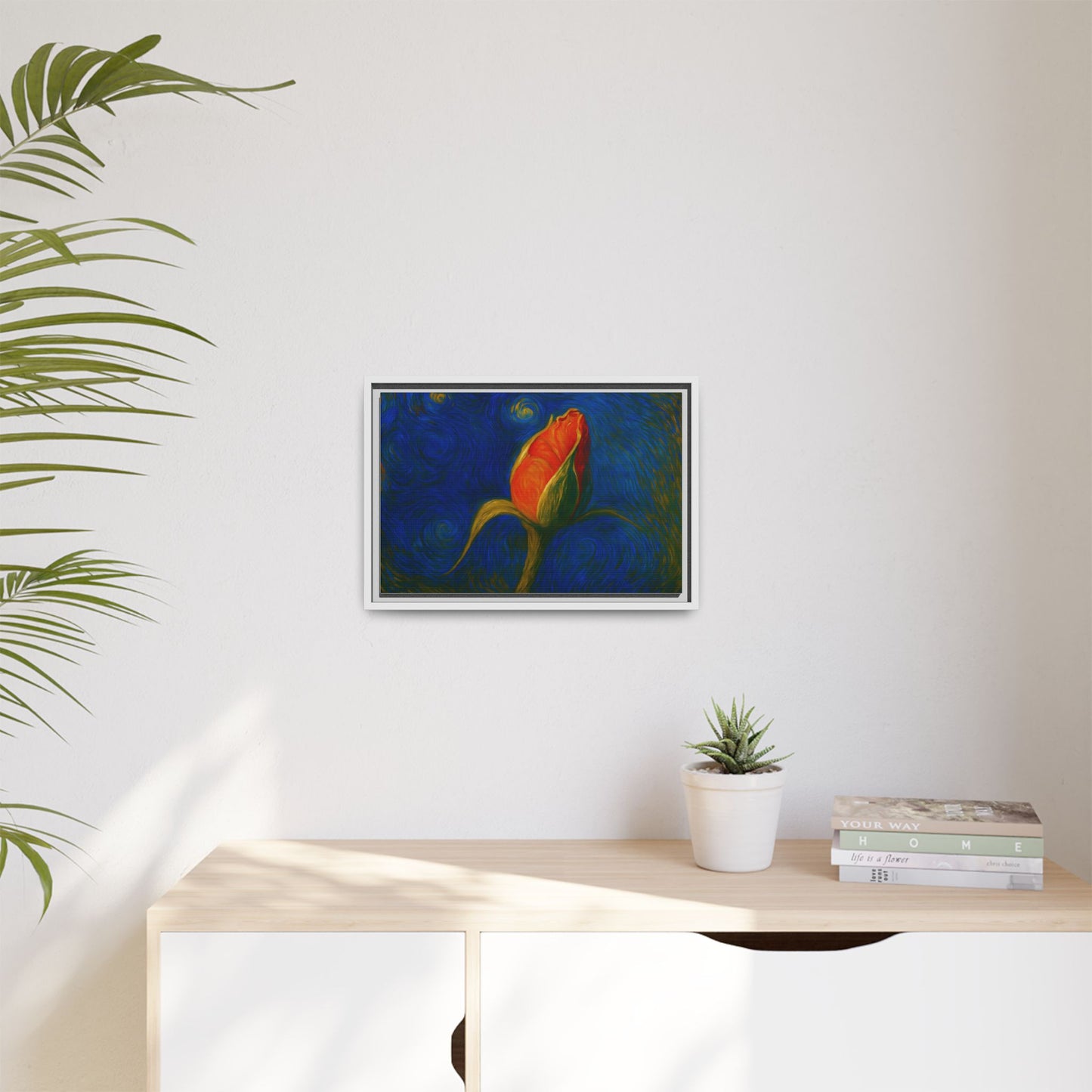 Red rose bud painting on canvas framed wall art by Printify, featuring vibrant red roses and matte finish.