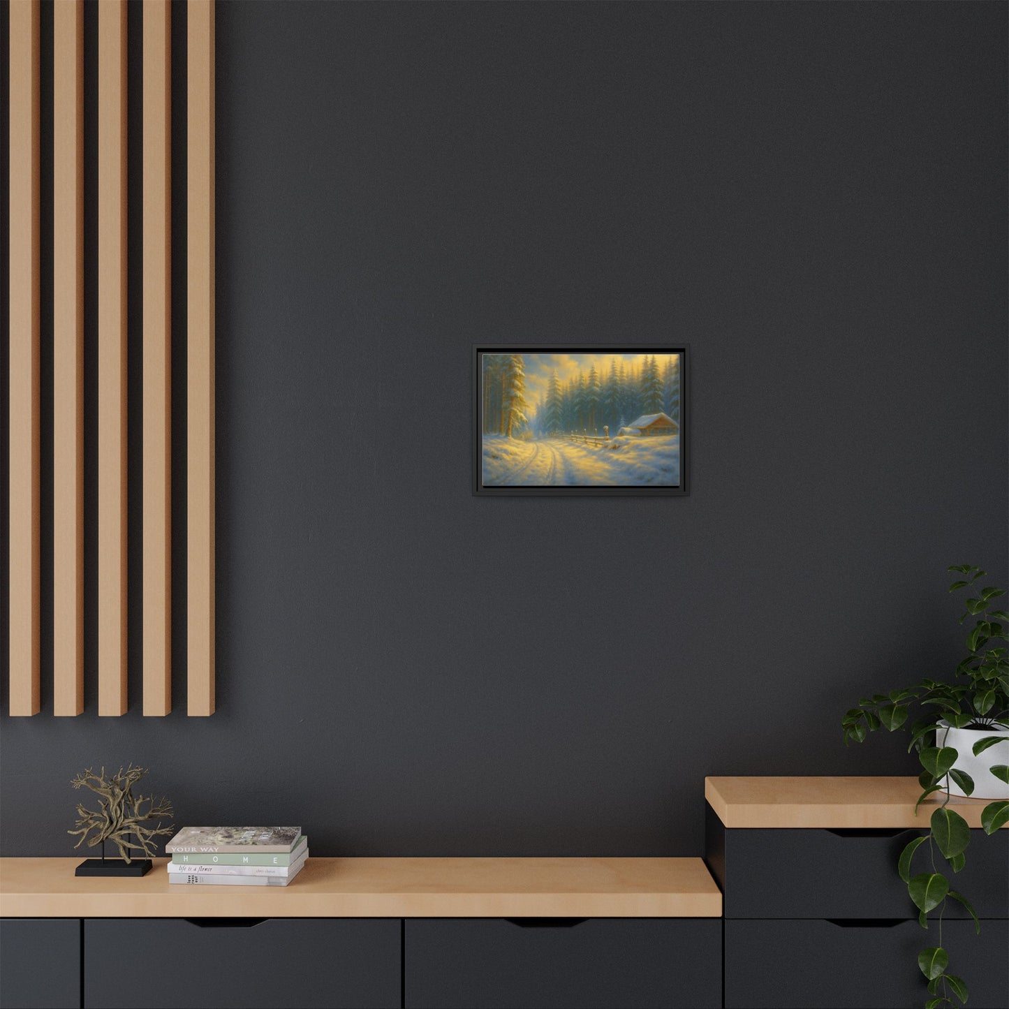 Framed winter cabin canvas print featuring a snowy forest sunset wall art by Printify, showcasing a cozy winter landscape scene.