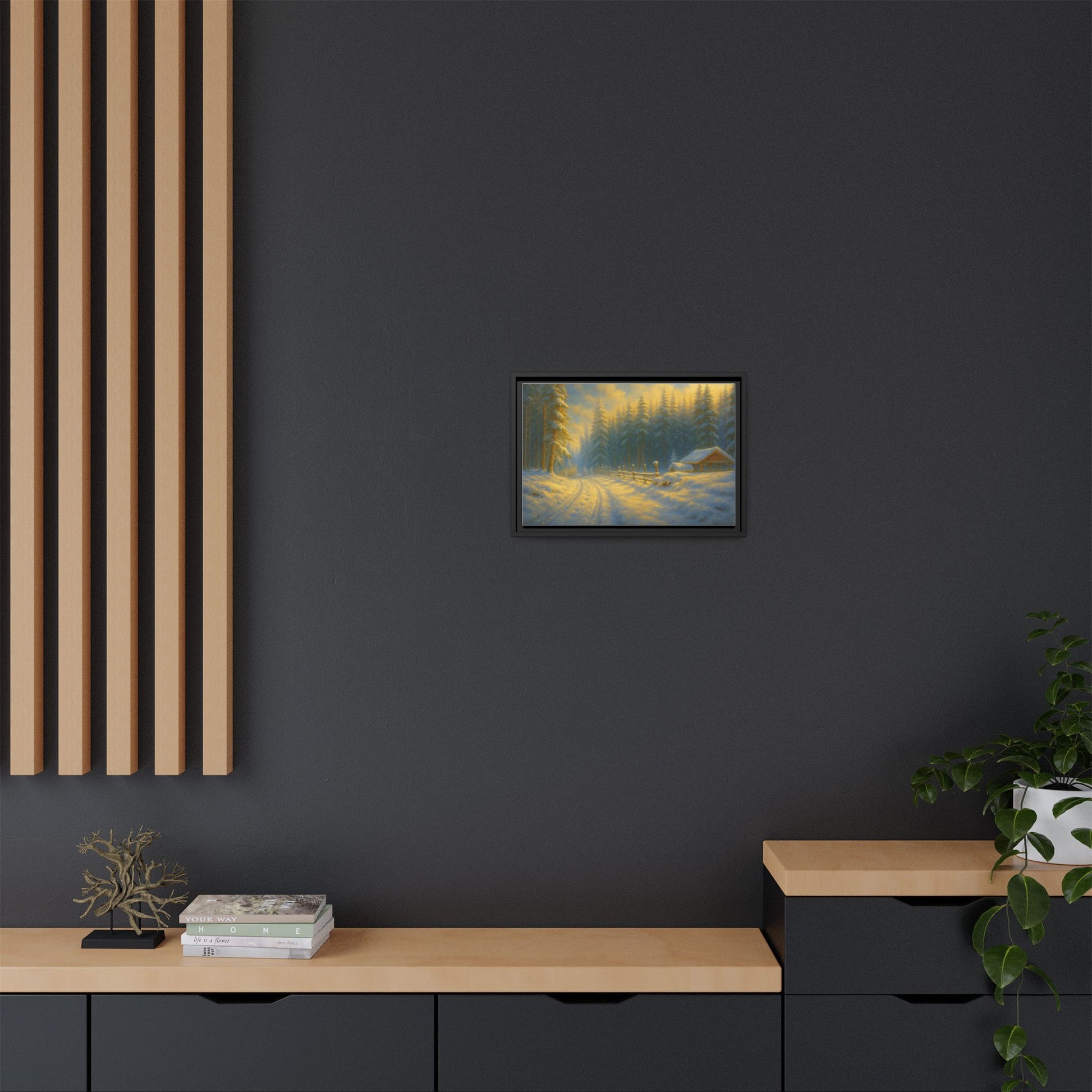 Framed winter cabin canvas print featuring a snowy forest sunset wall art by Printify, showcasing a cozy winter landscape scene.