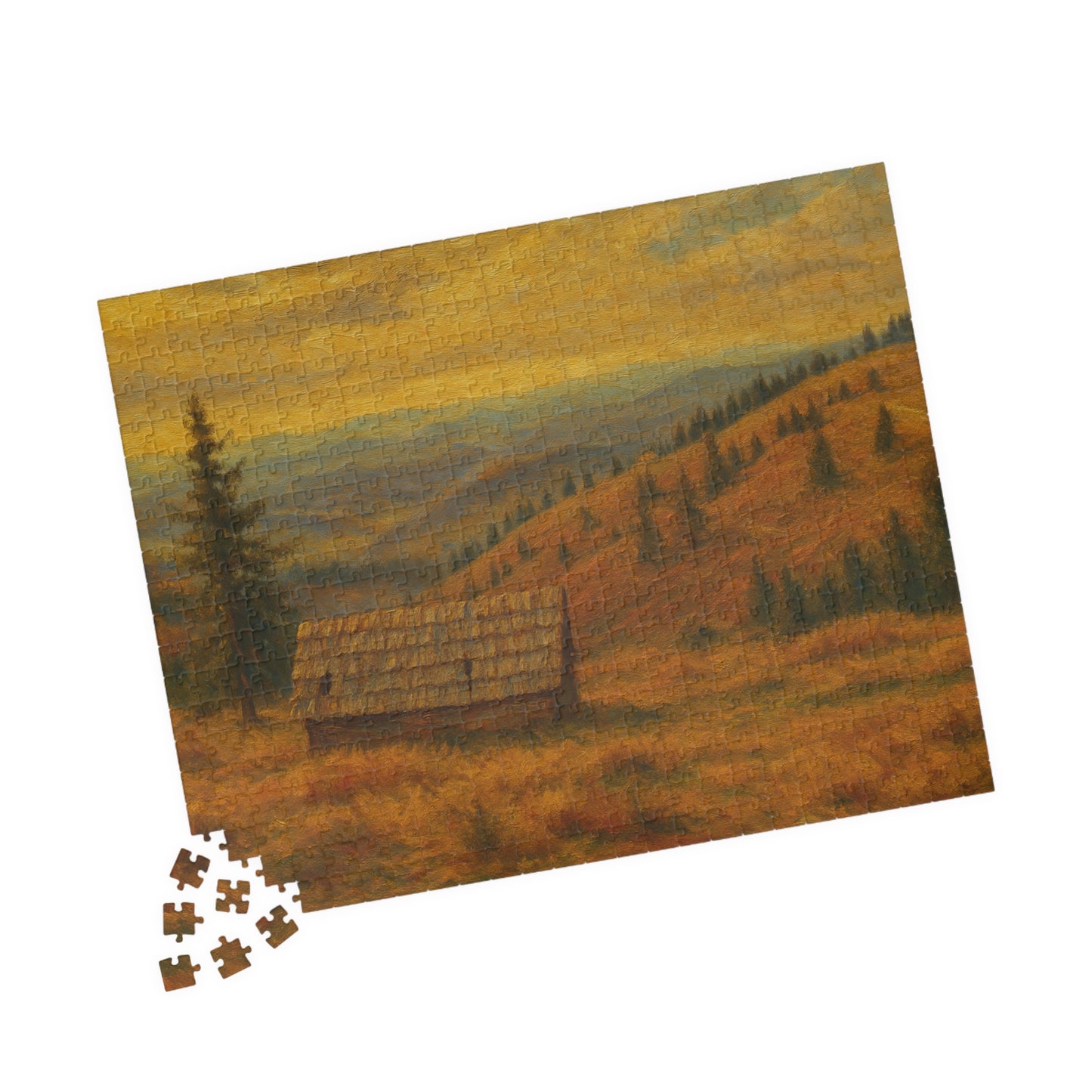Autumn mountain cabin landscape puzzle by Printify, 520-piece jigsaw showcasing a cozy cabin scene in fall colors.