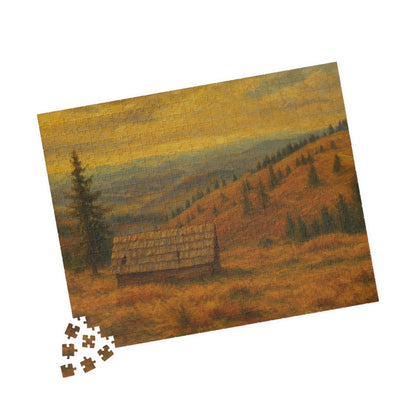 Autumn mountain cabin landscape puzzle by Printify, 520-piece jigsaw showcasing a cozy cabin scene in fall colors.