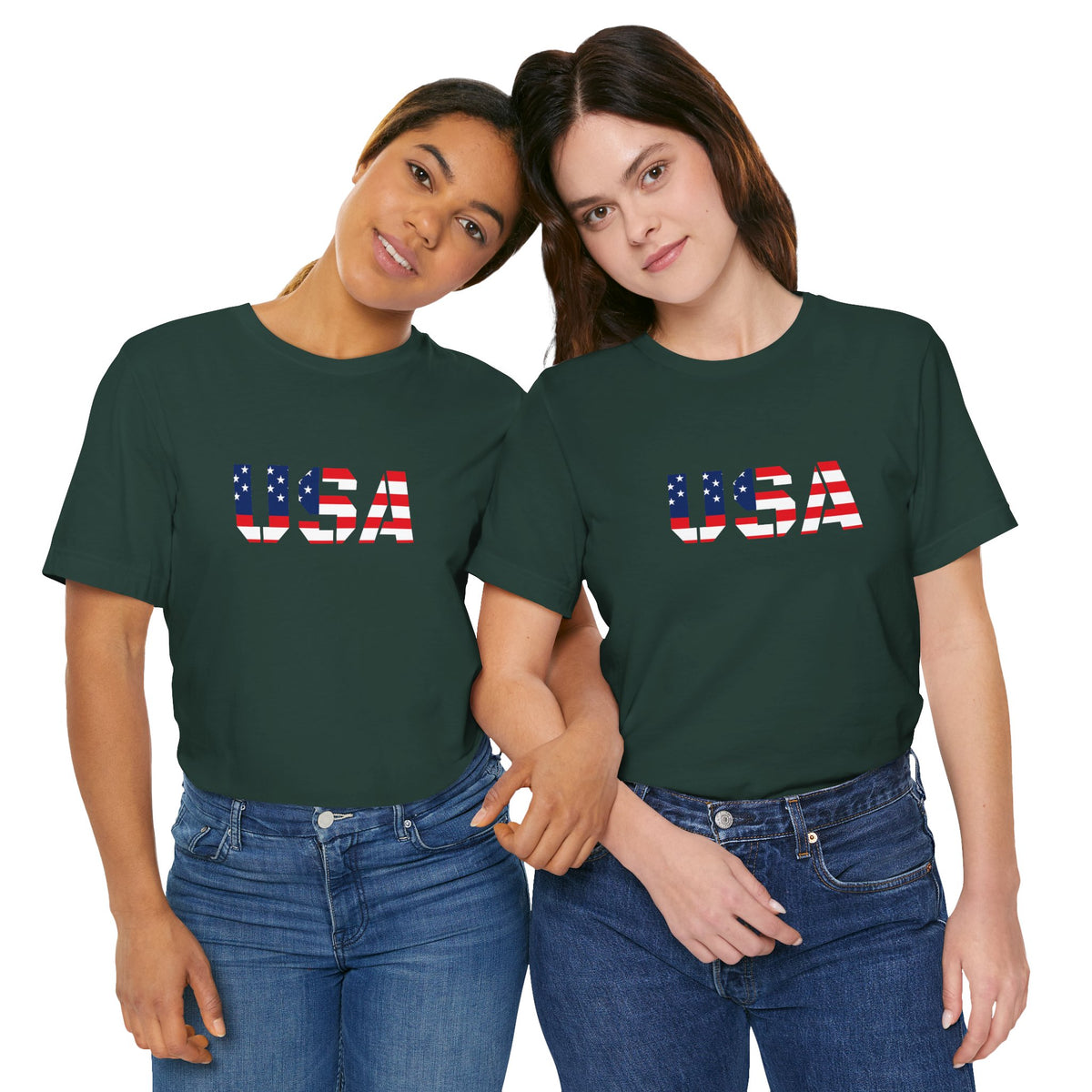 USA Flag Text T-shirt by Printify featuring patriotic red, white, and blue design for Fourth of July celebrations.