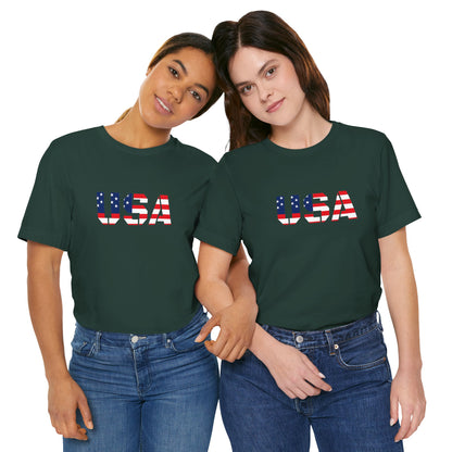 USA Flag Text T-shirt by Printify featuring patriotic red, white, and blue design for Fourth of July celebrations.