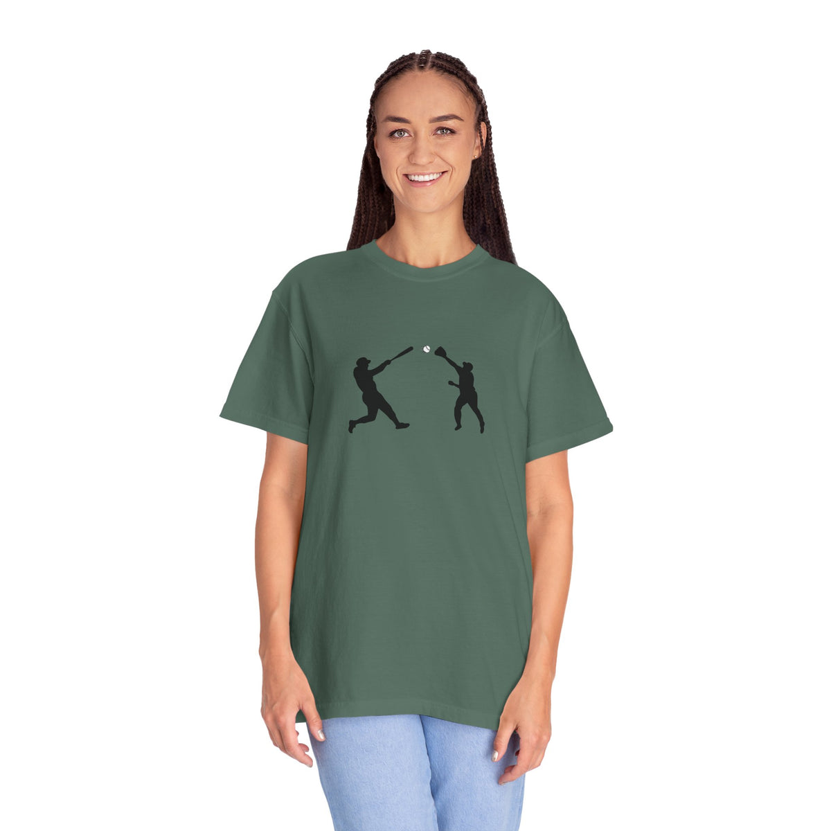 Black baseball silhouette T-shirt with minimal baseball players graphic, casual tee by Printify on a white background.