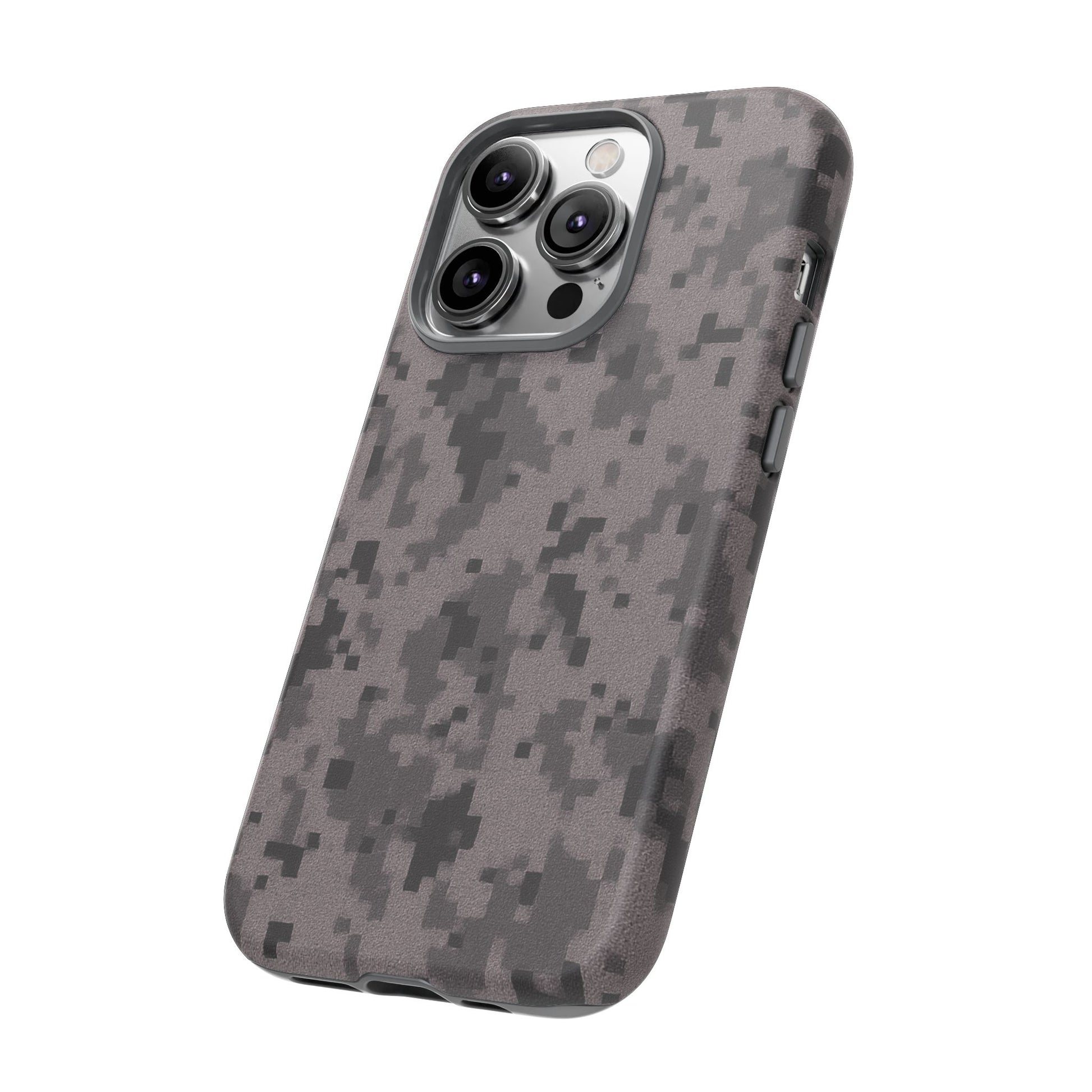 Gray digital camouflage phone case by Printify, durable protective cover with tough design for smartphones.