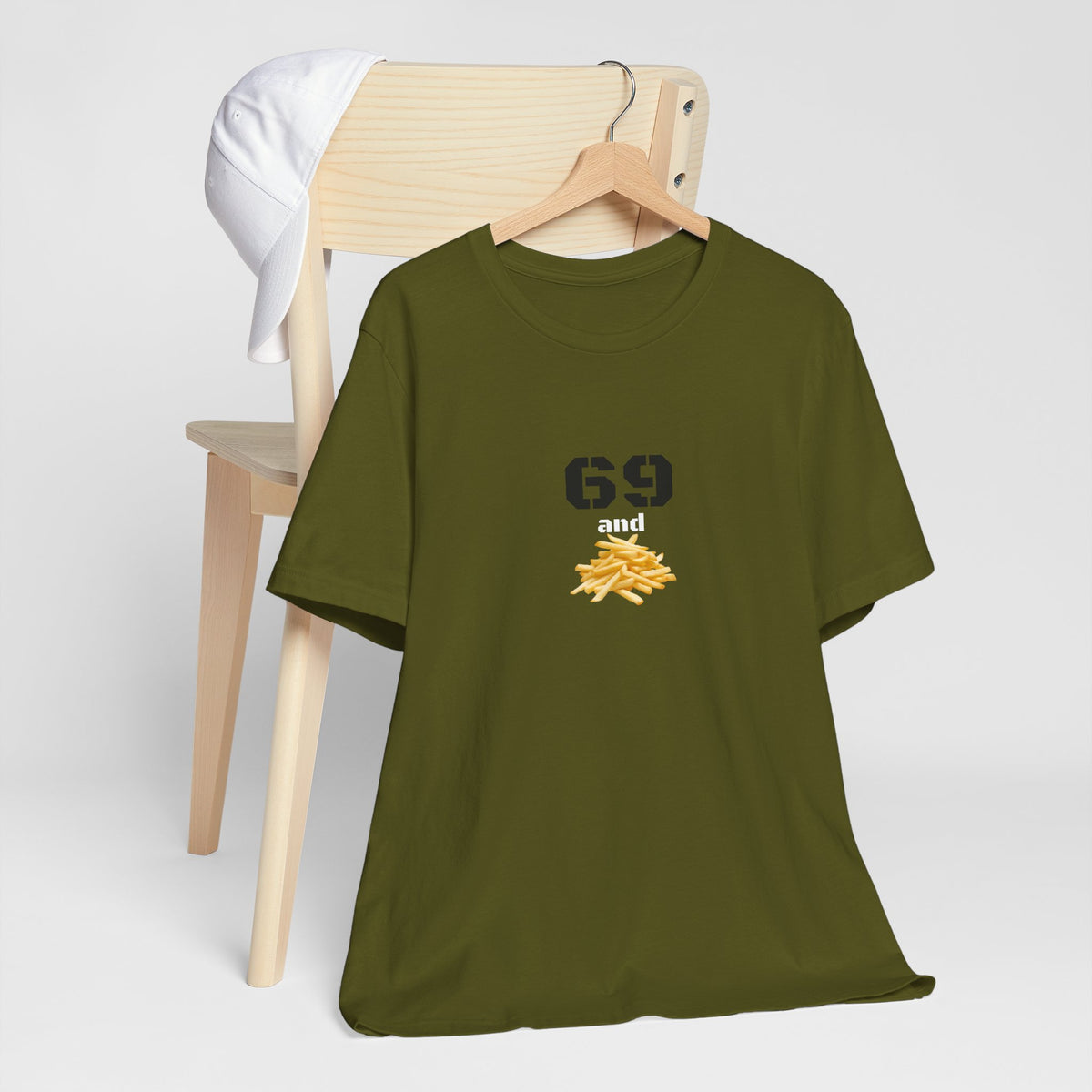 Unisex graphic T-shirt featuring a humorous 69 and French fries design, casual fit, printed by Printify.