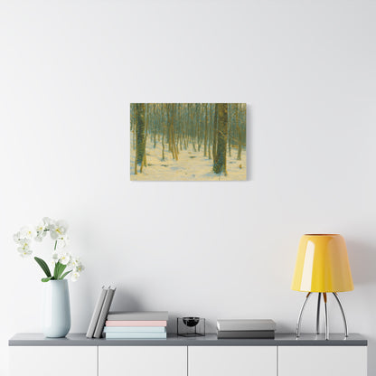 Snowy winter forest canvas print by Printify, featuring a matte stretched canvas with a snowy forest scene.