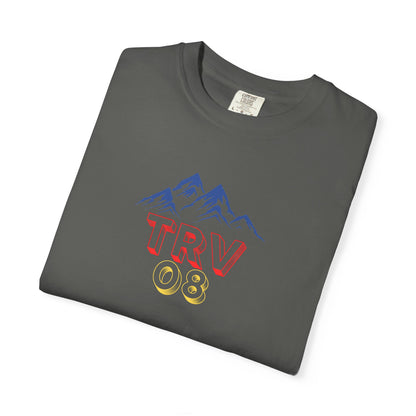 Unisex garment-dyed T-shirt with TRV08 Logo Printify branding, casual fit, soft fabric, and simple design on front.