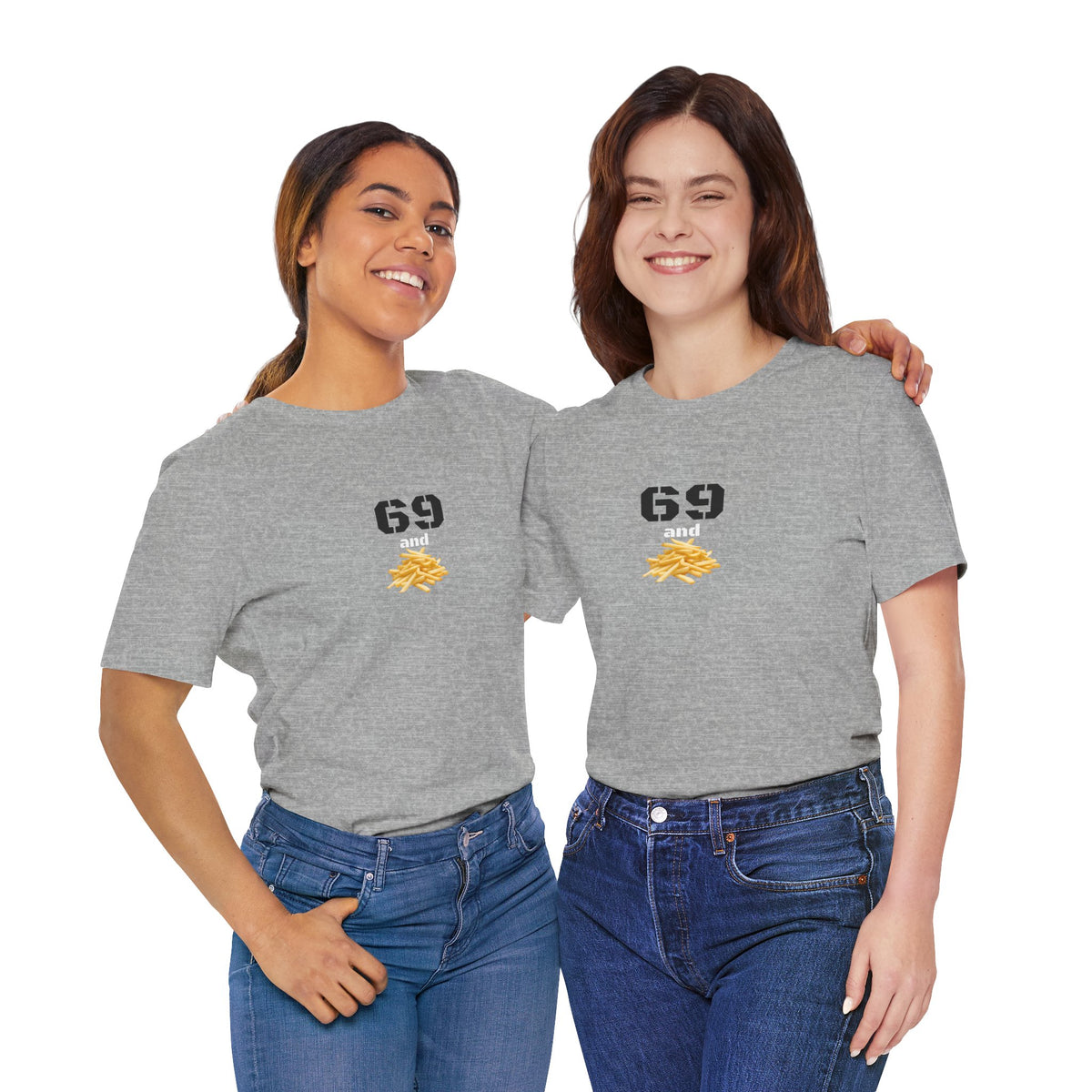 Unisex graphic T-shirt featuring a humorous 69 and French fries design, in vibrant colors, by Printify.